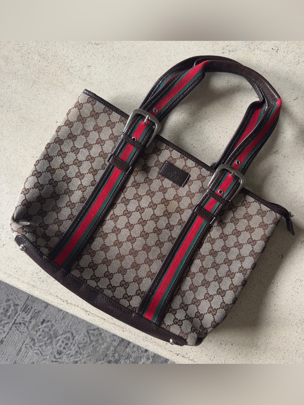 Designer inspired GG Brown Monogram Tote with Red and Green Web Straps
